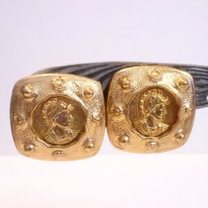 Vintage Gold Tone Roman Soldier Statement Clip On Earrings